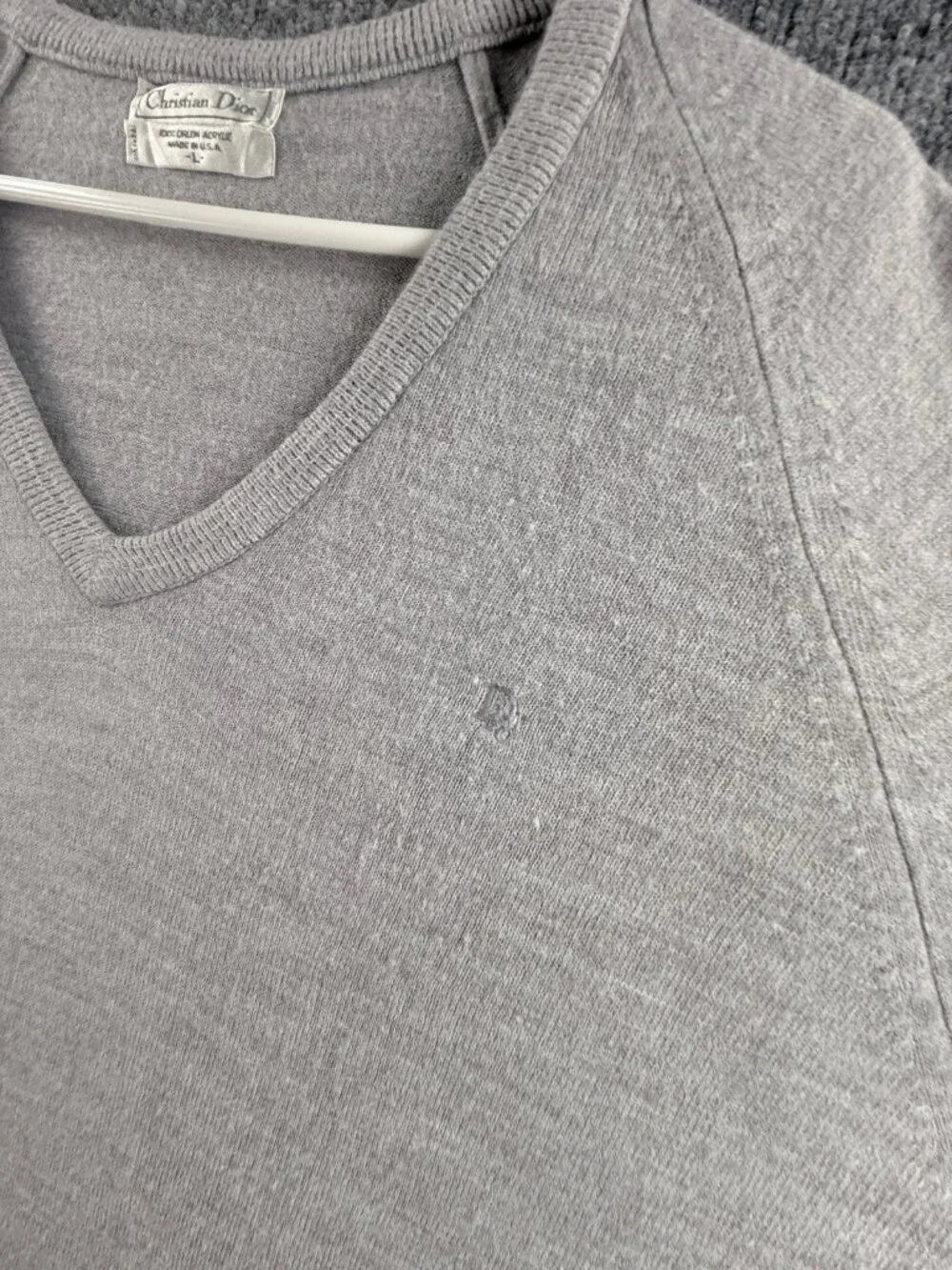 VTG Christian Dior Sweater Large Gray USA Pullover V-Neck Acrylic Logo Mens Knit